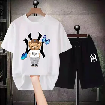 Pora Medvilnės Marškinėliai Šortai Rinkiniai Prabanga Anime Lokys Grafinis Trumpas Kostiumai Negabaritinių Unisex Vasaros Streetwear Vyrai Moterų Tracksuit